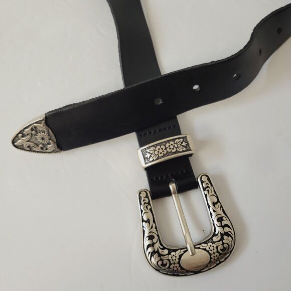 Western Embossed Metal Floral Scrolled Black Leather Double Buckle Belt main image 5